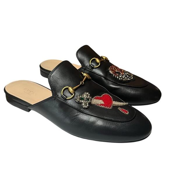 Gucci Black Leather Tiger and Pierced Heart Princetown Mule Slippers EU 38 US 8 - Picture 2 of 13